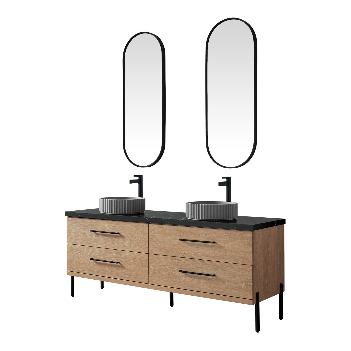 Vinnova, Trento 72B" Double Sink Bath Vanity in North American Oak with Black Sintered Stone Top with Concrete Sink and Mirror