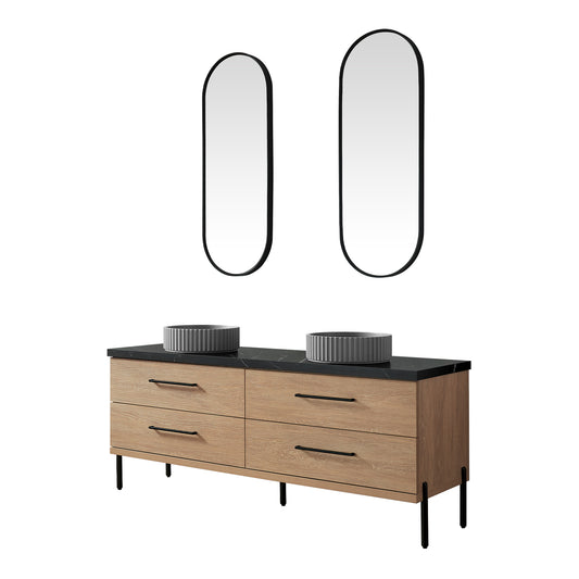 Vinnova, Trento 72B" Double Sink Bath Vanity in North American Oak with Black Sintered Stone Top with Concrete Sink and Mirror