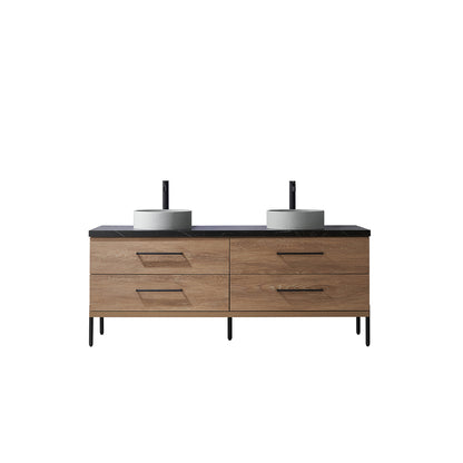 Vinnova, Trento 72" Double Sink Bath Vanity in North American Oak with Black Sintered Stone Top with Concrete Sink