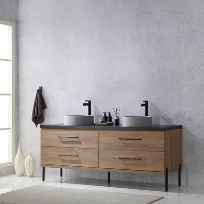 Vinnova, Trento 72" Double Sink Bath Vanity in North American Oak with Black Sintered Stone Top with Concrete Sink