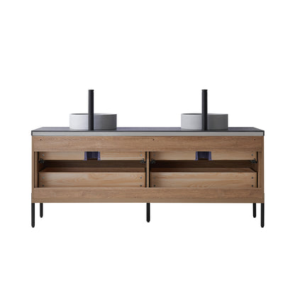 Vinnova, Trento 72" Double Sink Bath Vanity in North American Oak with Black Sintered Stone Top with Concrete Sink
