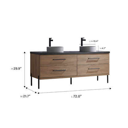 Vinnova, Trento 72" Double Sink Bath Vanity in North American Oak with Black Sintered Stone Top with Concrete Sink