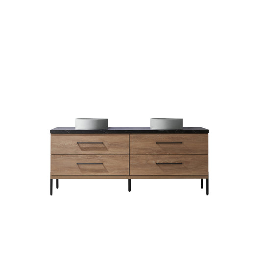 Vinnova, Trento 72" Double Sink Bath Vanity in North American Oak with Black Sintered Stone Top with Concrete Sink