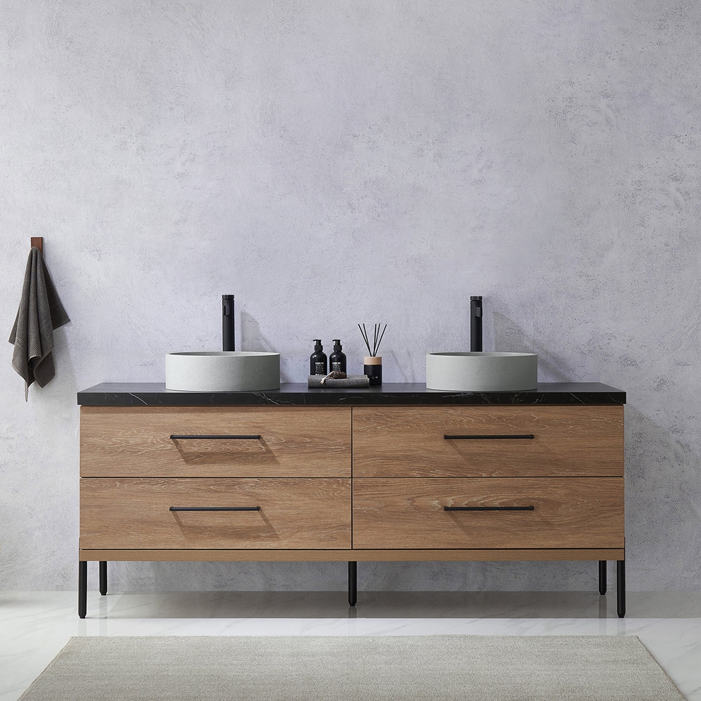 Vinnova, Trento 72" Double Sink Bath Vanity in North American Oak with Black Sintered Stone Top with Concrete Sink