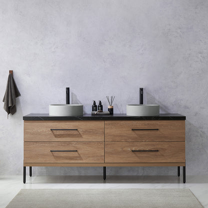 Vinnova, Trento 72" Double Sink Bath Vanity in North American Oak with Black Sintered Stone Top with Concrete Sink
