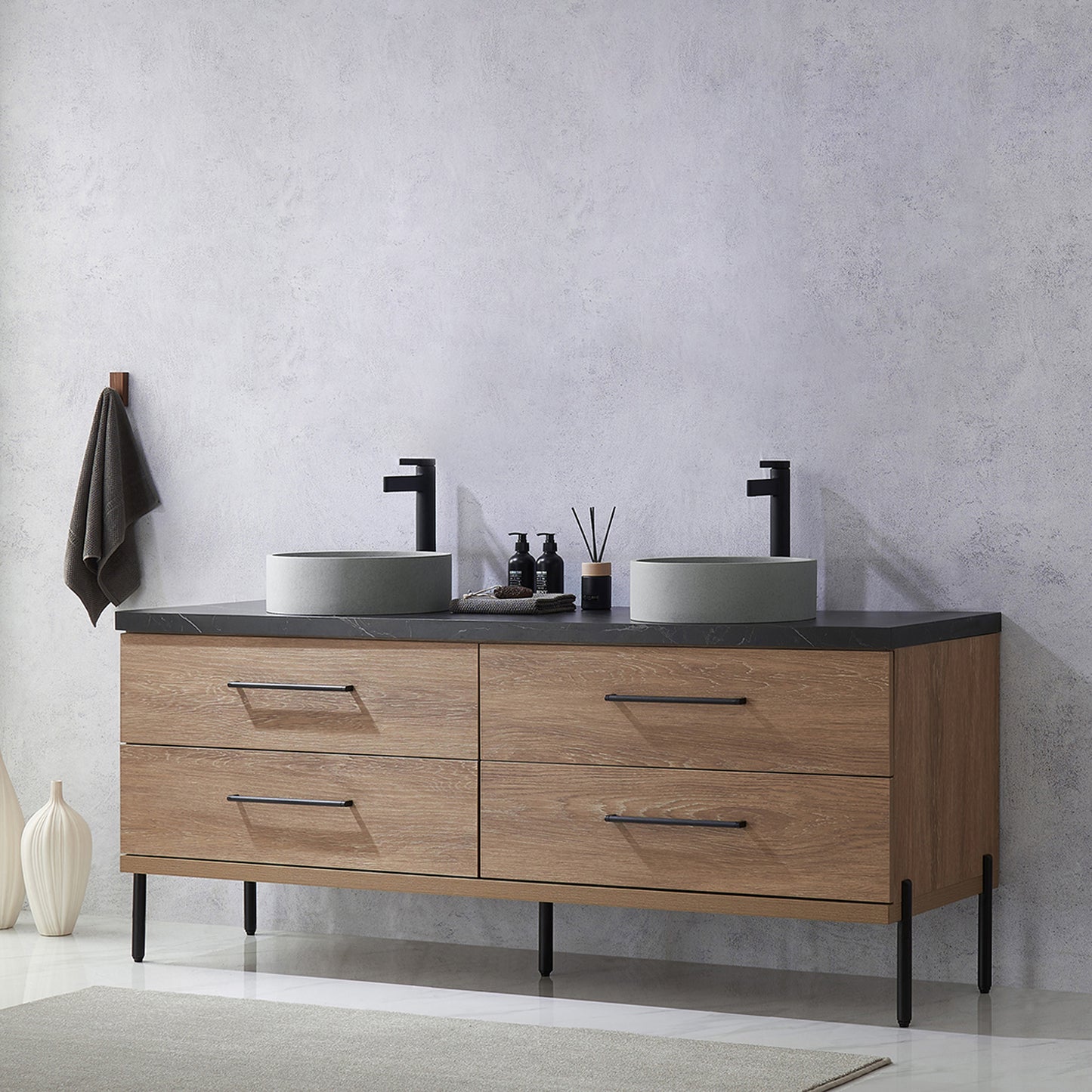 Vinnova, Trento 72" Double Sink Bath Vanity in North American Oak with Black Sintered Stone Top with Concrete Sink