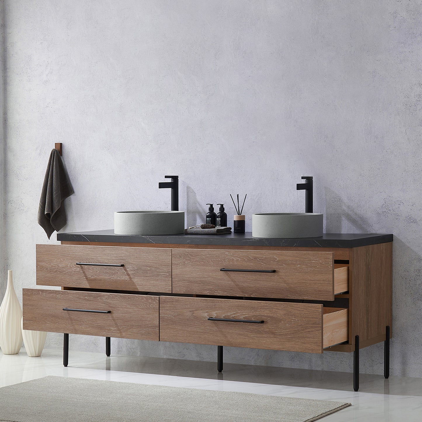 Vinnova, Trento 72" Double Sink Bath Vanity in North American Oak with Black Sintered Stone Top with Concrete Sink