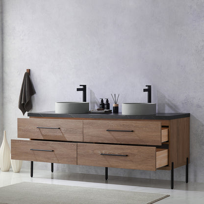 Vinnova, Trento 72" Double Sink Bath Vanity in North American Oak with Black Sintered Stone Top with Concrete Sink