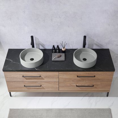 Vinnova, Trento 72" Double Sink Bath Vanity in North American Oak with Black Sintered Stone Top with Concrete Sink