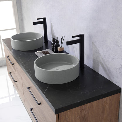 Vinnova, Trento 72" Double Sink Bath Vanity in North American Oak with Black Sintered Stone Top with Concrete Sink