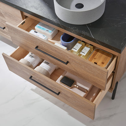 Vinnova, Trento 72" Double Sink Bath Vanity in North American Oak with Black Sintered Stone Top with Concrete Sink