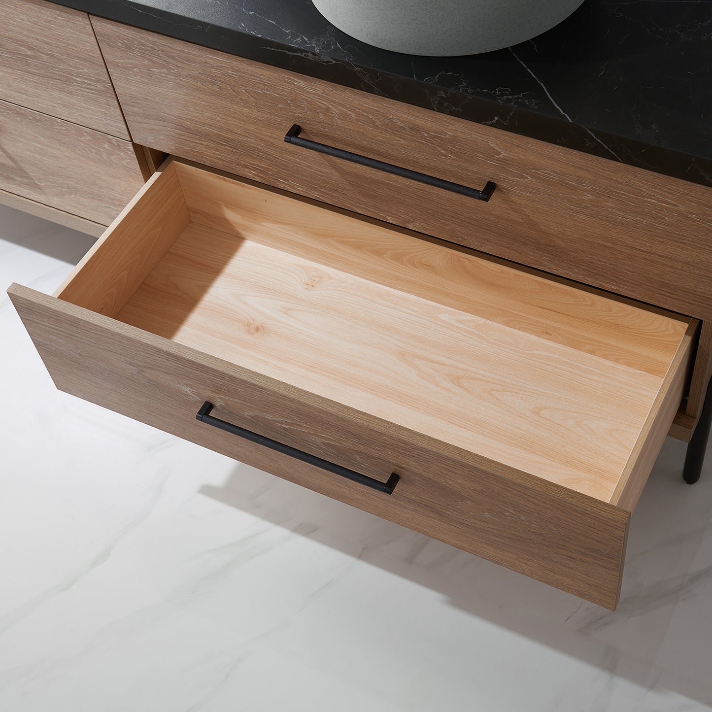Vinnova, Trento 72" Double Sink Bath Vanity in North American Oak with Black Sintered Stone Top with Concrete Sink