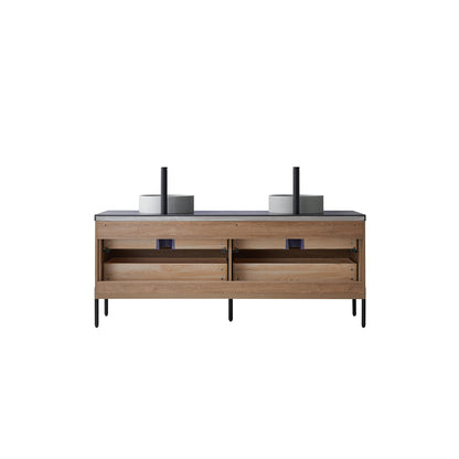 Vinnova, Trento 72" Double Sink Bath Vanity in North American Oak with Black Sintered Stone Top with Concrete Sink and Mirror