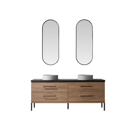 Vinnova, Trento 72" Double Sink Bath Vanity in North American Oak with Black Sintered Stone Top with Concrete Sink and Mirror