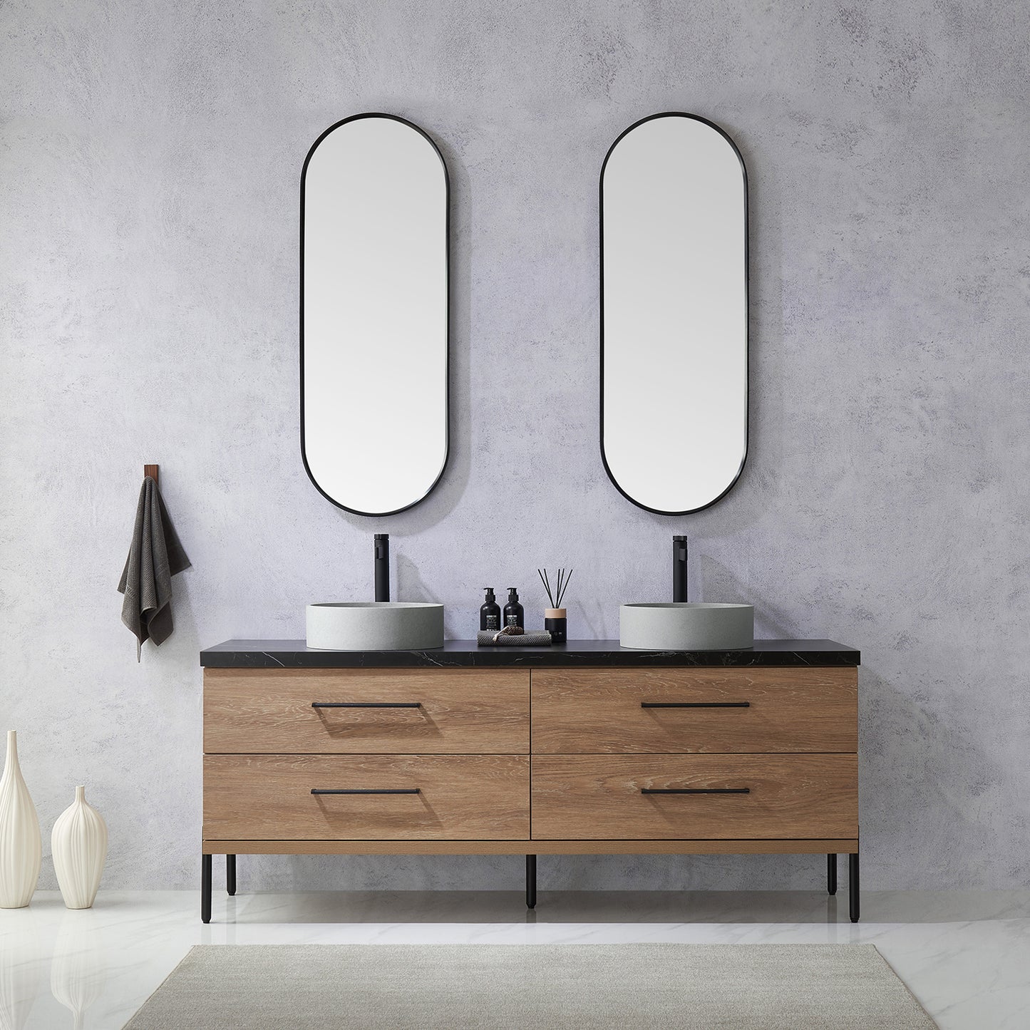 Vinnova, Trento 72" Double Sink Bath Vanity in North American Oak with Black Sintered Stone Top with Concrete Sink and Mirror