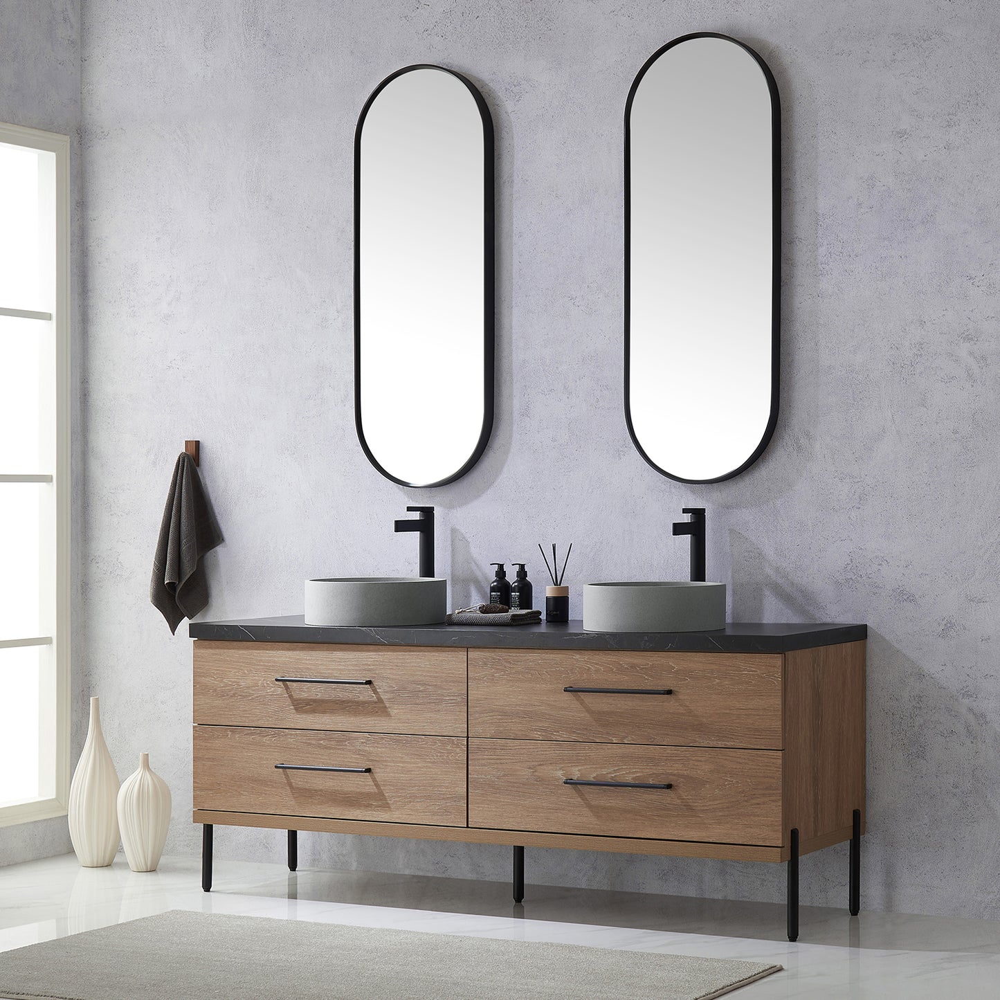 Vinnova, Trento 72" Double Sink Bath Vanity in North American Oak with Black Sintered Stone Top with Concrete Sink and Mirror