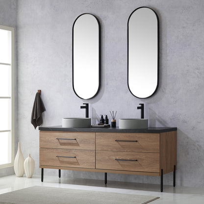 Vinnova, Trento 72" Double Sink Bath Vanity in North American Oak with Black Sintered Stone Top with Concrete Sink and Mirror