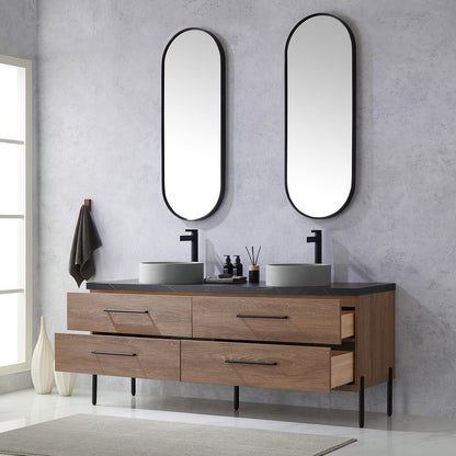 Vinnova, Trento 72" Double Sink Bath Vanity in North American Oak with Black Sintered Stone Top with Concrete Sink and Mirror
