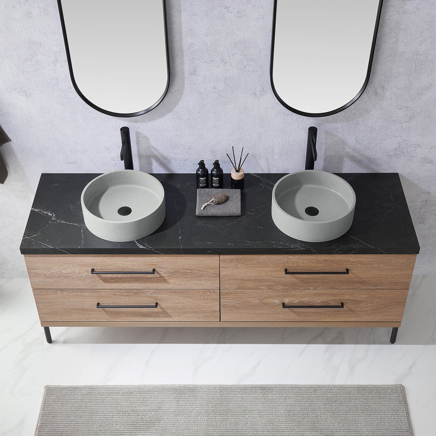 Vinnova, Trento 72" Double Sink Bath Vanity in North American Oak with Black Sintered Stone Top with Concrete Sink and Mirror