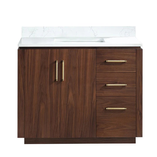 Vinnova, San 42" Free-standing Single Bath Vanity in Natural Walnut with White Grain Composite Stone Top