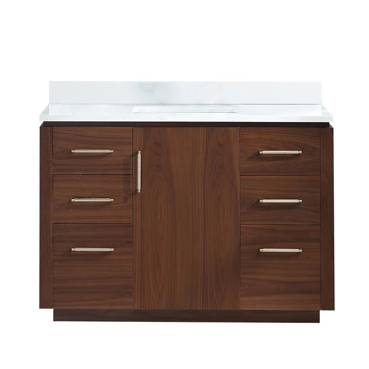 Vinnova, San 48" Free-standing Single Bath Vanity in Natural Walnut with White Grain Composite Stone Top