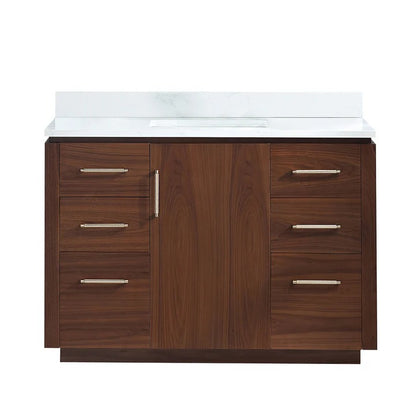 Vinnova, San 48" Free-standing Single Bath Vanity in Natural Walnut with White Grain Composite Stone Top