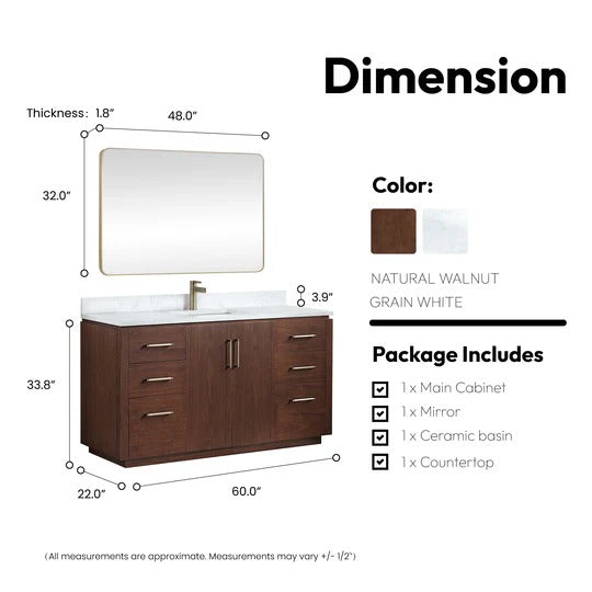 Vinnova San 60-inch freestanding bathroom vanity in Natural Walnut — view 8