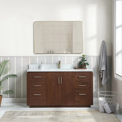 Vinnova, San 60" Free-standing Single Bath Vanity in Natural Walnut with White Grain Composite Stone Top and Mirror