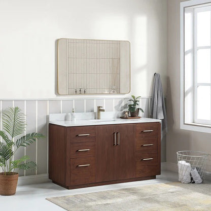 Vinnova, San 60" Free-standing Single Bath Vanity in Natural Walnut with White Grain Composite Stone Top and Mirror