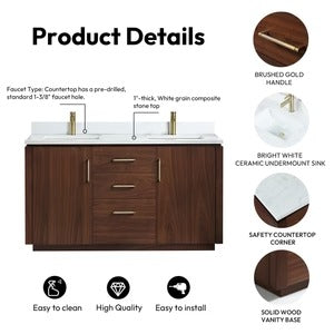 Vinnova, San 60M" Free-standing Double Bath Vanity in Natural Walnut with White Grain Composite Stone Top
