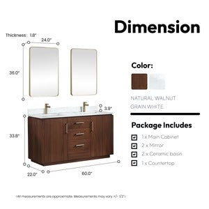 Vinnova, San 60M" Free-standing Double Bath Vanity in Natural Walnut with White Grain Composite Stone Top
