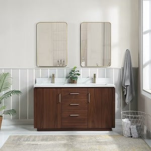 Vinnova, San 60M" Free-standing Double Bath Vanity in Natural Walnut with White Grain Composite Stone Top