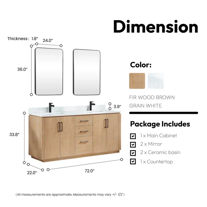 Vinnova, San 72" Free-standing Double Bath Vanity in Fir Wood Brown with White Grain Composite Stone Top and Mirror