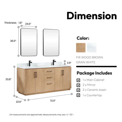 Vinnova, San 72" Free-standing Double Bath Vanity in Fir Wood Brown with White Grain Composite Stone Top and Mirror