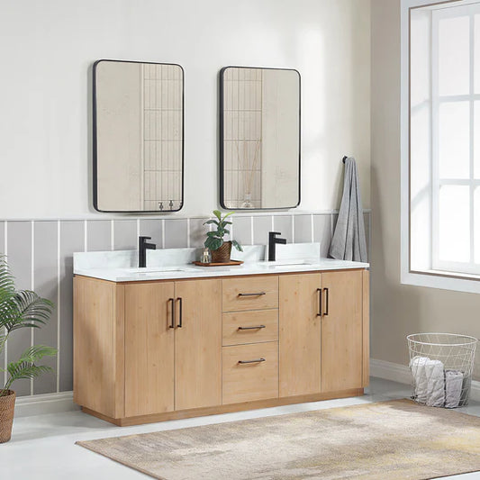 Vinnova, San 72" Free-standing Double Bath Vanity in Fir Wood Brown with White Grain Composite Stone Top and Mirror
