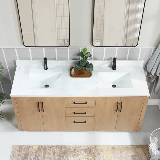 Vinnova, San 72" Free-standing Double Bath Vanity in Fir Wood Brown with White Grain Composite Stone Top and Mirror