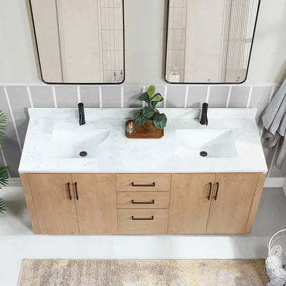 Vinnova, San 72" Free-standing Double Bath Vanity in Fir Wood Brown with White Grain Composite Stone Top and Mirror