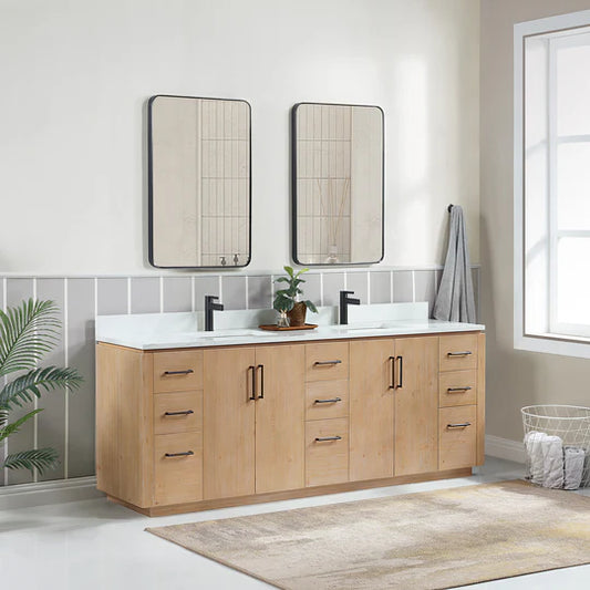 Vinnova, San 84" Free-standing Double Bath Vanity in Fir Wood Brown with White Grain Composite Stone Top
