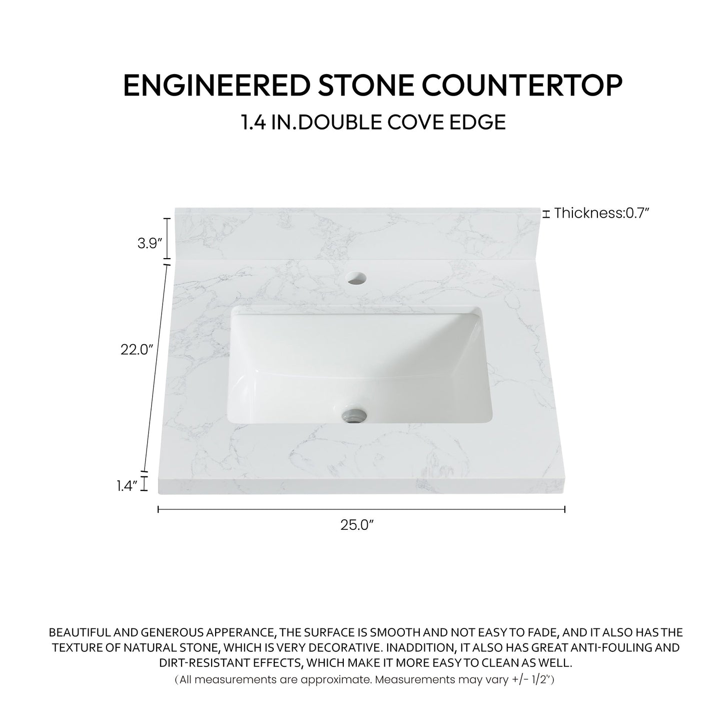 Vinnova, Malaga 25 in. W x 22 in. D Composite Stone Vanity Top in Grain White with White Rectangular Single Sink