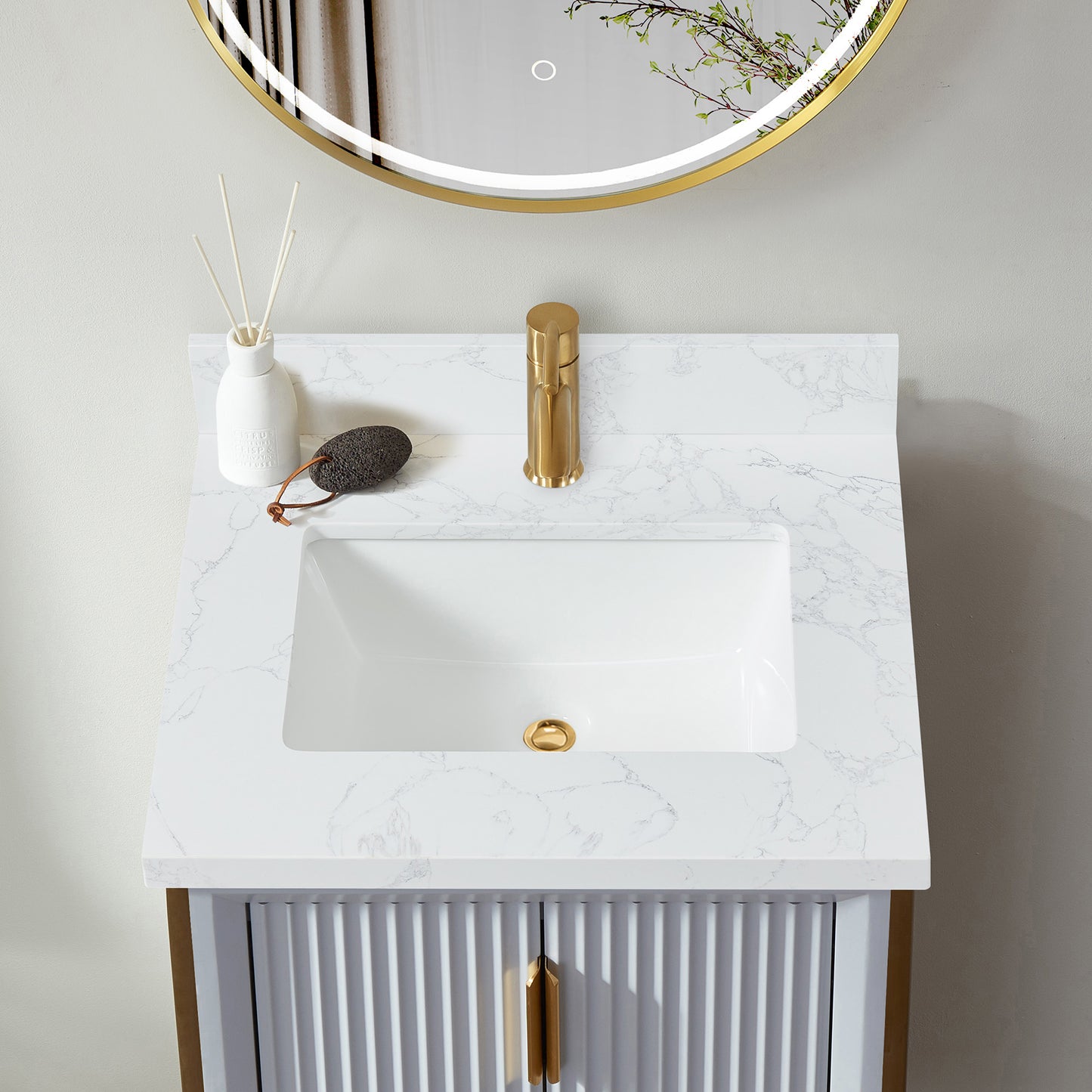 Vinnova, Malaga 25 in. W x 22 in. D Composite Stone Vanity Top in Grain White with White Rectangular Single Sink