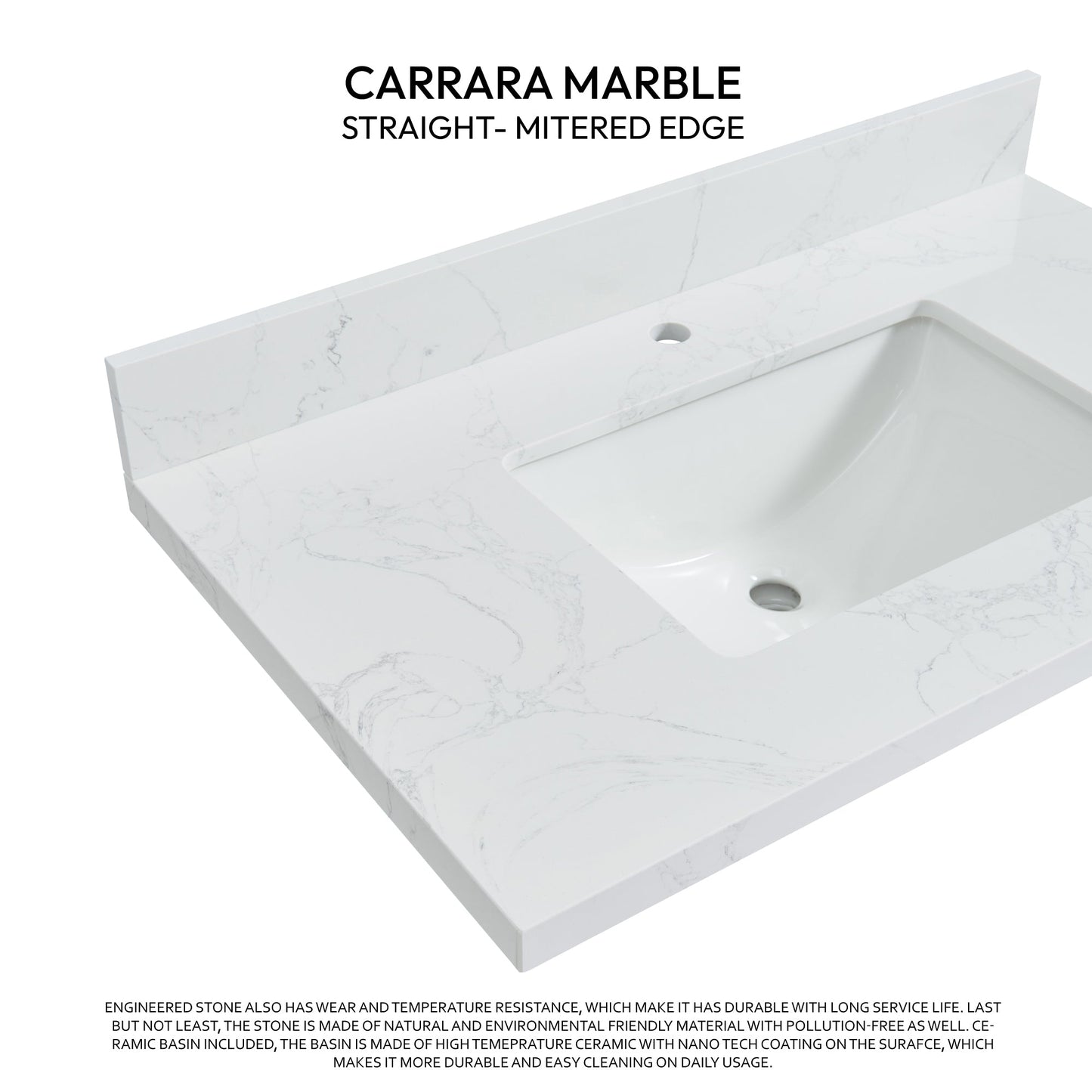Vinnova, Malaga 37 in. W x 22 in. D Composite Stone Vanity Top in Grain White with White Rectangular Single Sink
