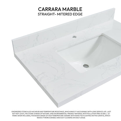 Vinnova, Malaga 37 in. W x 22 in. D Composite Stone Vanity Top in Grain White with White Rectangular Single Sink