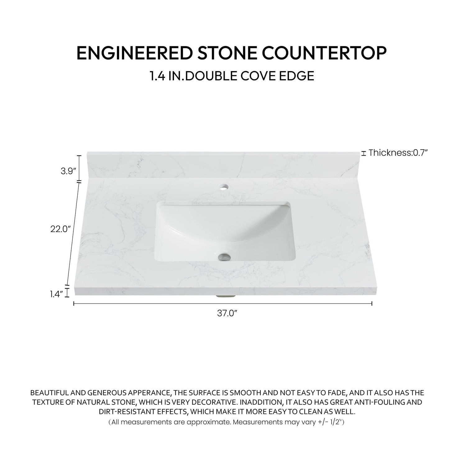 Vinnova, Malaga 37 in. W x 22 in. D Composite Stone Vanity Top in Grain White with White Rectangular Single Sink