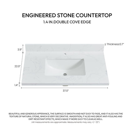 Vinnova, Malaga 37 in. W x 22 in. D Composite Stone Vanity Top in Grain White with White Rectangular Single Sink