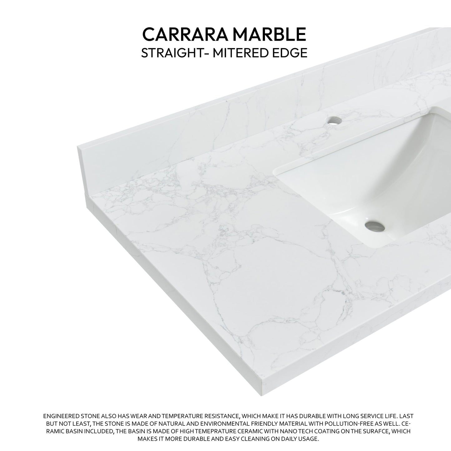 Vinnova, Malaga 43 in. W x 22 in. D Composite Stone Vanity Top in Grain White with White Rectangular Single Sink