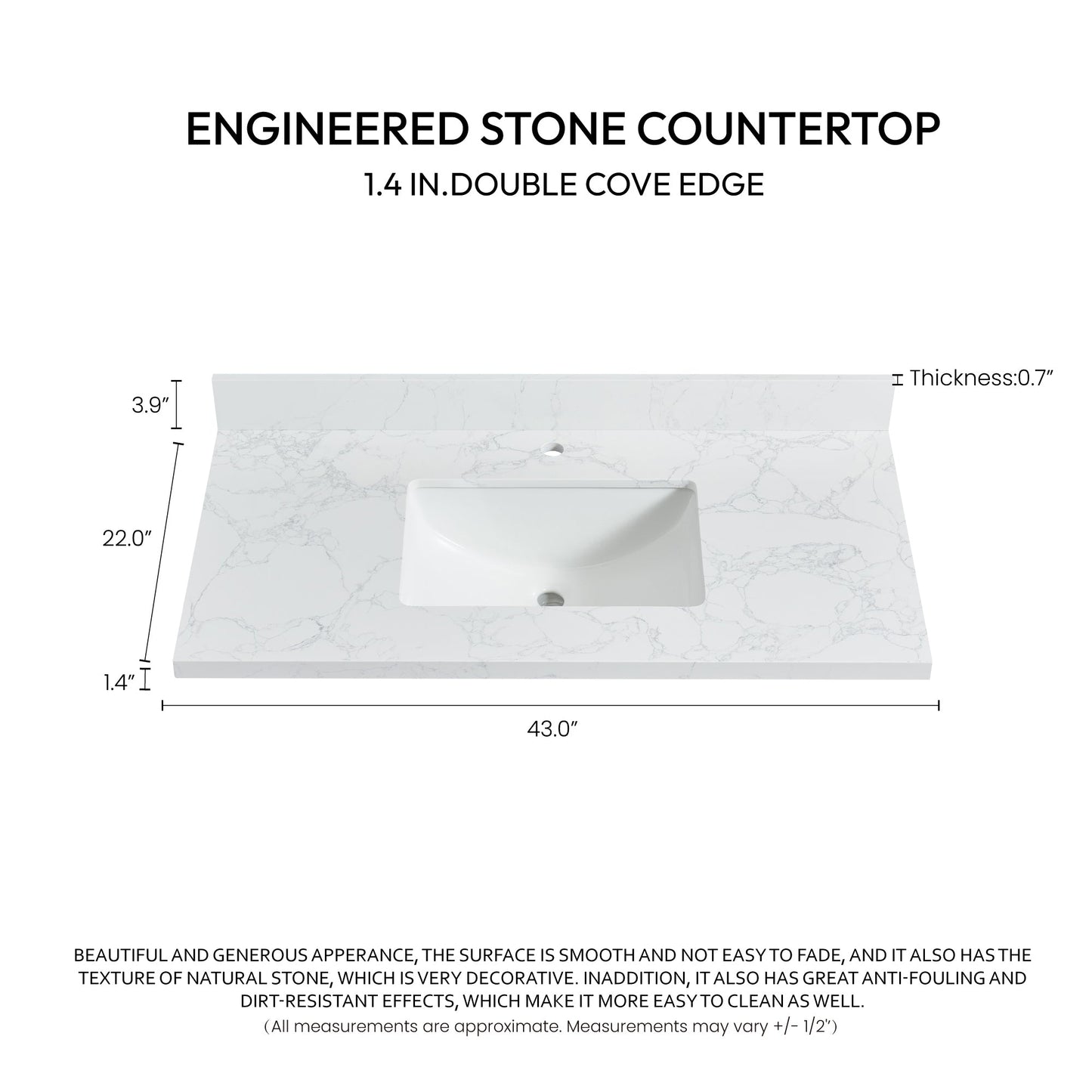 Vinnova, Malaga 43 in. W x 22 in. D Composite Stone Vanity Top in Grain White with White Rectangular Single Sink