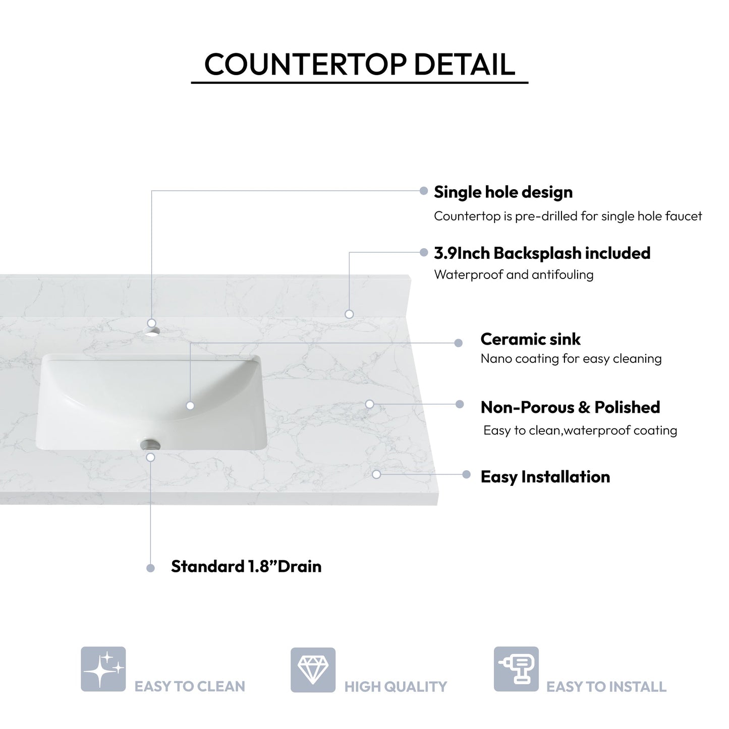 Vinnova, Malaga 43 in. W x 22 in. D Composite Stone Vanity Top in Grain White with White Rectangular Single Sink