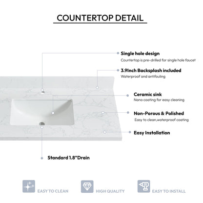 Vinnova, Malaga 43 in. W x 22 in. D Composite Stone Vanity Top in Grain White with White Rectangular Single Sink