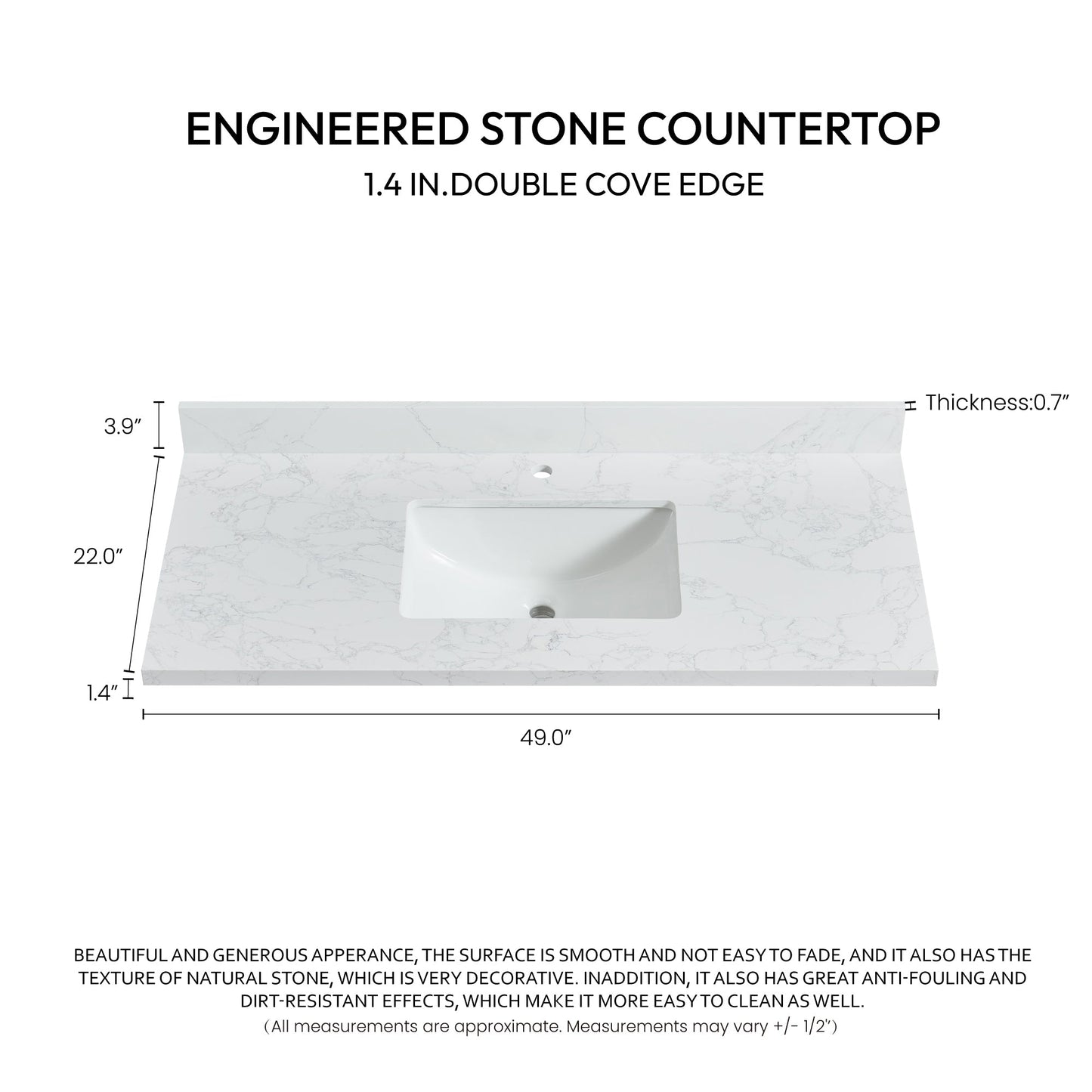 Vinnova, Malaga 49 in. W x 22 in. D Composite Stone Vanity Top in Grain White with White Rectangular Single Sink
