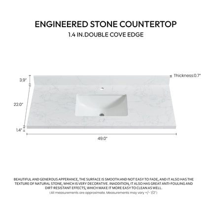 Vinnova, Malaga 49 in. W x 22 in. D Composite Stone Vanity Top in Grain White with White Rectangular Single Sink